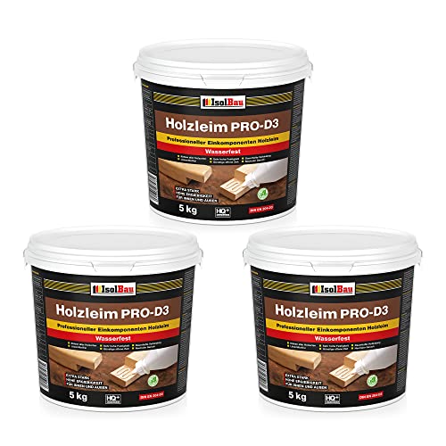 Isolbau Holzleim PRO-D3 - Extra starker Holzkleber für alle Holzarten, für Innen & Außen, Wasserfest, Lösemittelfrei - 3 x 5 kg Eimer von Isolbau