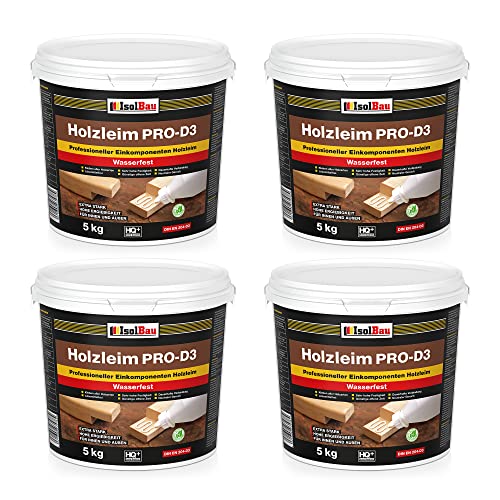 Isolbau Holzleim PRO-D3 - Extra starker Holzkleber für alle Holzarten, für Innen & Außen, Wasserfest, Lösemittelfrei - 4 x 5 kg Eimer von Isolbau