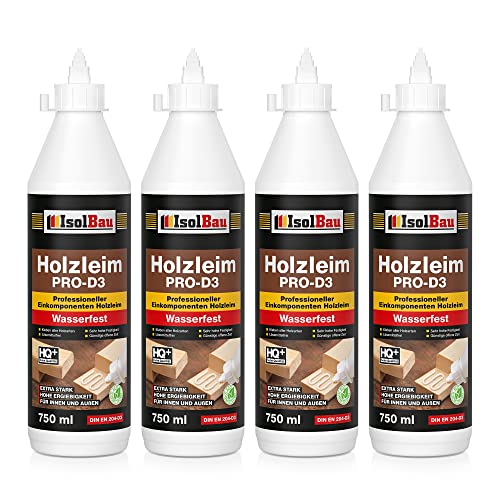 Isolbau Holzleim PRO-D3 - Extra starker Holzkleber für alle Holzarten, für Innen & Außen, Wasserfest, Lösemittelfrei - 4 x 750 ml (860 g) von Isolbau