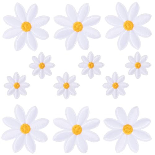 Isslly 12 Stück Gänseblümchen-Aufnäher zum Aufbügeln, 2 Größen, kleine Gänseblümchen, Blumenaufnäher für Kleidung, niedlich, lebendig, bestickt, zum Aufnähen auf Jeans, Taschen – Weiß von Isslly
