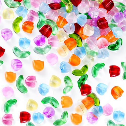Isslly 160 Stück Tulpenperlen, durchscheinende, handgefertigte Kristallglas-Blumenperlen für Halsketten, Ohrringe, Armbänder, Schmuckherstellung, buntes DIY-Schmuckzubehör für Hochzeit, Valentinstag von Isslly