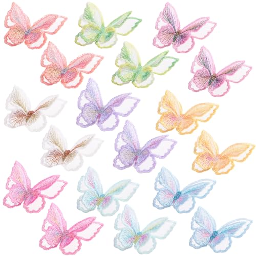 Isslly 18 x Schmetterlings-Spitzenaufnäher, doppellagige Organza-Applikationen, bunte Stickerei, Dekoration, Nähzubehör für Hochzeit, Brautkleider, Röcke, Jeans, Hüte, Schuhe, Taschen, 9 Farben von Isslly