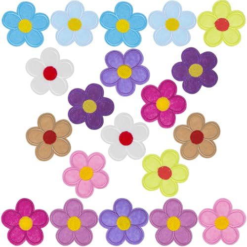 Isslly Aufnäher zum Aufbügeln mit 5 Blütenblättern, 5 cm, klein, bunt, Blumenaufnäher für Kleidung, niedlich, lebendig, bestickt, zum Aufnähen für Jeans, Taschen, bunt, 20 Stück von Isslly