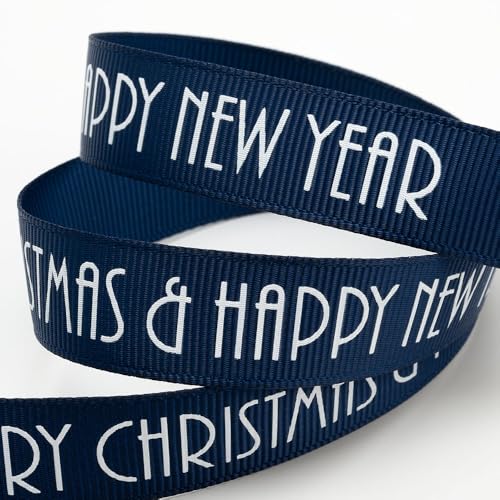 Italian Options Ripsband mit Aufschrift "Merry Christmas Happy New Year", 16 mm x 5 m, Marineblau von Italian Options
