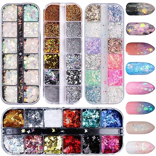 Itian 4 Stück 48 Farbe Nagel Paillette Glitter,Nail Art Strass Kit, Nagel Glitzer Pailletten Professionelle Strasssteine Nagel Dekorationssets,3D Nail Art Aufkleber, DIY Nagel Kunst Dekoration von Itian