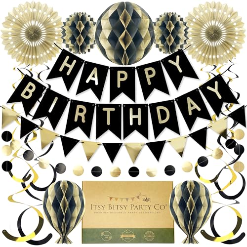 Premium Wiederverwendbare Geburtstagsdeko - Party Deko, Geburtstag & Party Zubehör - Happy Birthday Girlande, Wimpelkette Geburtstag, Wabenbälle, Pompons Deko (Schwarz & Gold) von Itsy Bitsy Party Co