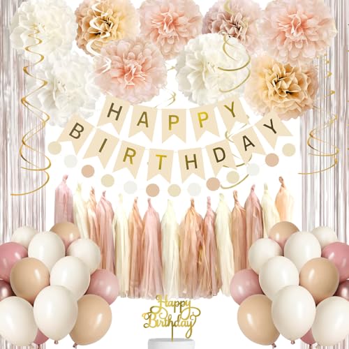 Iysoll Beige Boho Geburtstag Party Dekorationen Neutral Retro Happy Birthday Banner Champagner Gold Fransenvorhang Nude Elfenbein Ballon Seidenpapier Pom Poms Rustikaler Hintergrund Dekor Supplies für von Iysoll