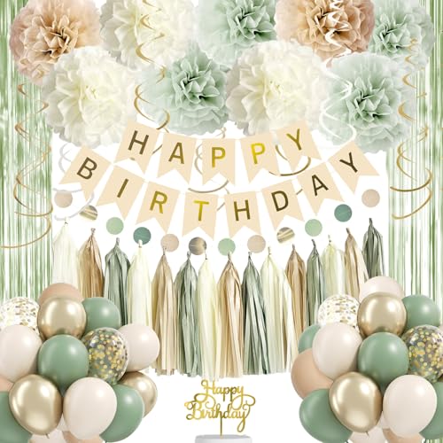 Salbeigrün Happy Birthday Party Dekorationen Banner Olivgrün Nude Retro Gold Luftballons Grün Neutral Fransen Vorhang Papier Pom Poms Boho Happy Birthday Dekor Frauen von Iysoll