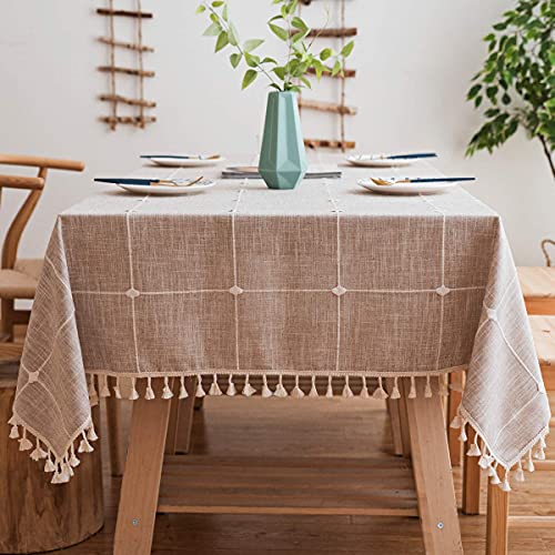 JaeMoose Quaste Tischdecke Rechteckige Tischdecke Baumwolle Leinen Tischdecke Geeignet für Home Küche Dekoration (140 x 180 cm, Kaffeebraun Kariert) von JaeMoose