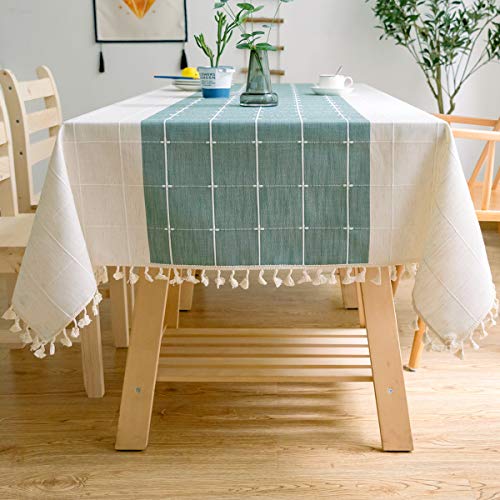 JaeMoose Feste rechteckige Tischdecke aus Baumwolle und Leinen mit Karomuster und Quasten,für Küche,Esszimmer,Tischdekoration von JaeMoose
