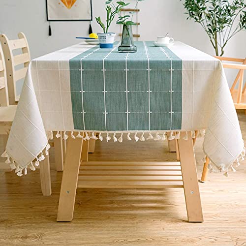 J-MOOSE Feste rechteckige Tischdecke aus Baumwolle und Leinen mit Karomuster und Quasten, für Küche oder Esszimmer, (140 x 260 cm, Grün/Weiß). von JaeMoose