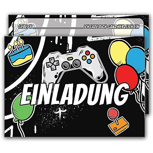 J&M DECO Einladungskarten Kindergeburtstag Gamer Motiv – 12 Stück A6 mit Umschlägen zum Ausfüllen | Geburtstagskarten Jungen & Mädchen | Gaming Geburtstag Einladungen | Premium Qualität von J&M DECO
