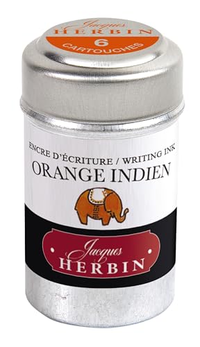 Jacques Herbin 20157T - Dose mit 6 Tintenpatronen Standard-Format, für Füllfederhalter und Tintenroller geeignet, ideal für Kalligraphie, Korrespondenz und Lettering, indische Orange, 1 Stück von Jacques Herbin