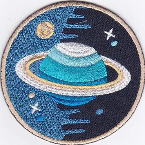 Aufnäher Bügelbild Aufbügler iron on Patch Space Explorer Weltall Raumfahrt Saturn Planeten Sterne rund 7,5 cm von JAB Seller