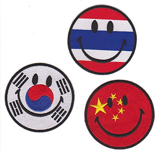 Bügelbild Patch Aufnäher Sparpaket Promotion 3x Happy smiley Länderflagge Asien China Korea Thailand 7,5 cm von JAB Seller