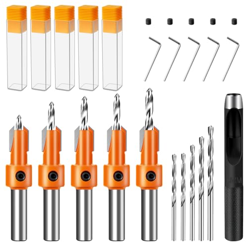 5 Stück Senker Bohrer Set, 16tlg Senkbohrer Metall Durchmesser 8mm, Bohrer Senker mit Sechskantschlüssel, Holzbohrer mit Senker für Holzverarbeitung Bohrlöcher von JABNOW