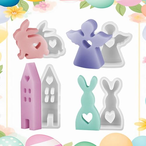4 Stück Ostern Silikonform,Silikonformen Gießformen Ostern,3D Silikonform Hase Haus Engel für Ostern,DIY Silikon Gießform Ostern für Gips,Sojawachs Kerzen,Handwerk von JABNOW