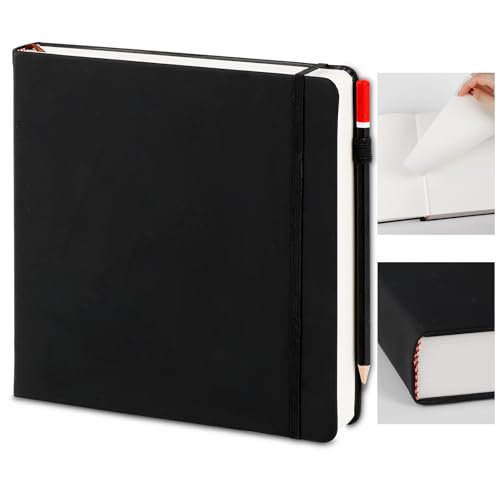 PU Abdeckung Skizzenbuch für Künstler, 20 x 20cm Aquarell Zeichenblock 200g/m², 160 Seite (80 Blatt) Sketchbook Dickes Papier, mit Bleistift Skizzenpapier für Künstler Kinder Studenten（Schwarz） von JABNOW