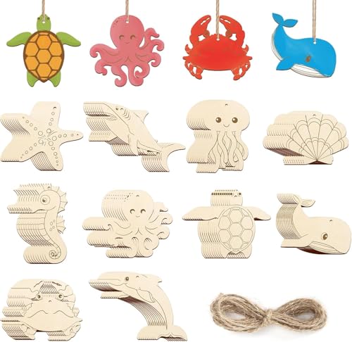 24 Stück Ozean-Themen-Holzausschnitte zum Bemalen DIY Handwerk Blanko Holzscheibe hängende Dekorationen mit Bindfaden, Meerestieren und tropischen Designs (Ozean) von JACCOS