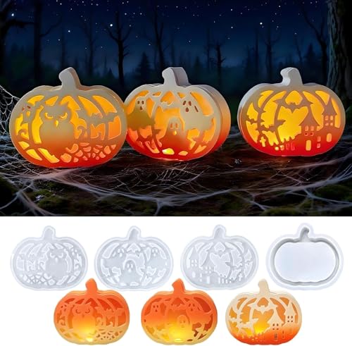 Silikonformen Gießformen Herbst Halloween Kürbis, 4PCS Silikonform Kürbis mit Helloween Elemente Muster, giessformen Silikon Halloween, Silikonform Herbst, Gipsformen zum Gießen für DIY Kürbis Deko von JACKANNA