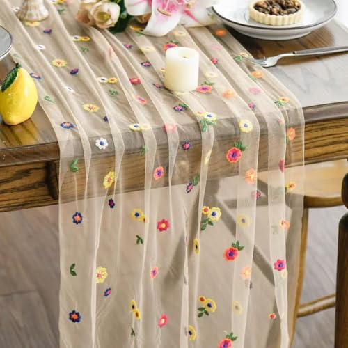 Tüllstoff Tischläufer mit Gänseblümchenmotiv,Weiße Spitze Tischdecke 30*180cm Weihnachten Vintage Bestickter Spitzen Tüllstoff, Tüll-Spitzenstoff Gänseblümchen-Motiv (Beige, 30*180cm) von JACKANNA