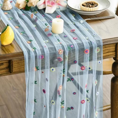 Tüllstoff Tischläufer mit Gänseblümchenmotiv,Weiße Spitze Tischdecke 30*180cm Weihnachten Vintage Bestickter Spitzen Tüllstoff, Tüll-Spitzenstoff Gänseblümchen-Motiv (Blau, 30*180cm) von JACKANNA