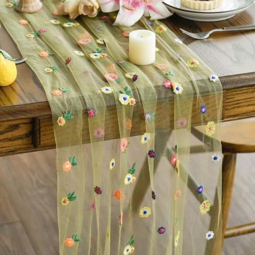 Tüllstoff Tischläufer mit Gänseblümchenmotiv,Weiße Spitze Tischdecke 30*180cm Weihnachten Vintage Bestickter Spitzen Tüllstoff, Tüll-Spitzenstoff Gänseblümchen-Motiv (Grün, 30*275cm) von JACKANNA