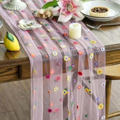 Tüllstoff Tischläufer mit Gänseblümchenmotiv,Weiße Spitze Tischdecke 30*180cm Weihnachten Vintage Bestickter Spitzen Tüllstoff, Tüll-Spitzenstoff Gänseblümchen-Motiv (Rosa, 30*180cm) von JACKANNA