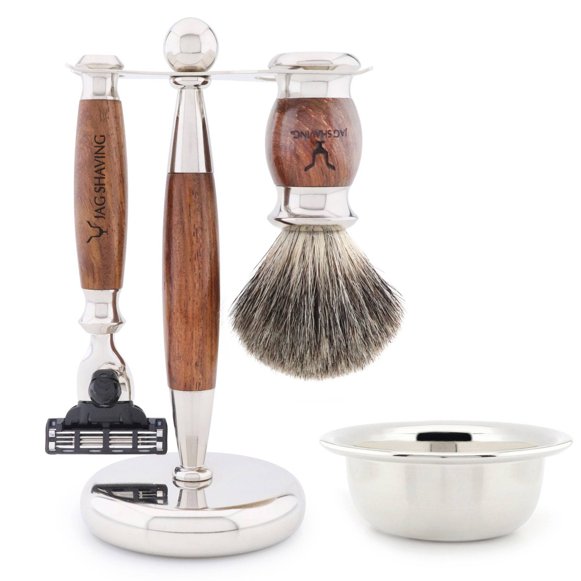 4-Teiliges Rasierset Aus Holz Mit Super Hair-Rasierpinsel, 3-Kanten-Rasiermesser, Zweifachem Rasierständer Und Edelstahlschale Für Perfekte 4-Teiliges Rasierset Aus Holz Mit Super Hair-Rasierpinsel, 3-Kanten-Rasiermesser, Zweifachem Rasierständer Und Edelstahlschale Für Perfekte von JAGSHAVING