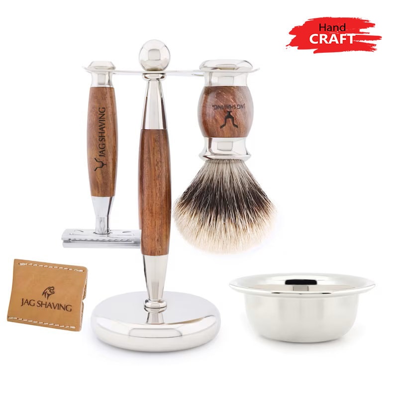 Handgefertigtes Rasierset Für Männer, Rasierpinsel Mit Silberspitze, Rasierhobel Rasierhobel, Rasierständer Und Rasierschale Handgefertigtes Rasierset Für Männer, Rasierpinsel Mit Silberspitze, Rasierhobel Rasierhobel, Rasierständer Und Rasierschale von JAGSHAVING