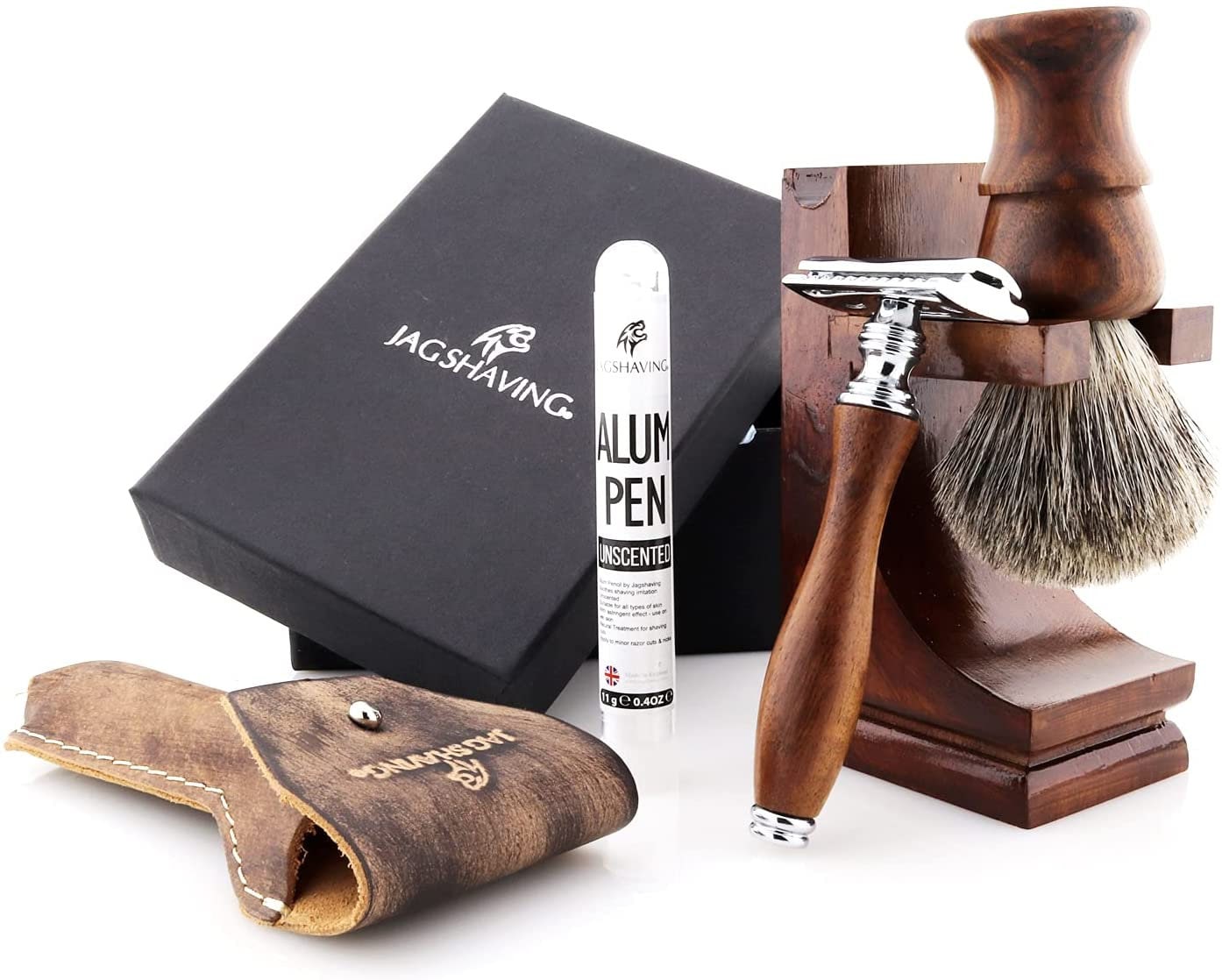 Herren Rasierset Mit Rasierhobel, Super-Haarbürste, Ständer, Lederbeutel Und Alaunstift. Perfektes Geschenkset Für Männer von JAGSHAVING