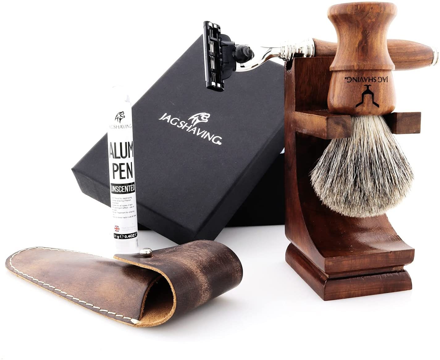 Vintage Männer Rasierset Mit 3 Rasierern, Super-Haarbürste, Holzständer, Lederbeutel & Alaunstift Perfektes Geschenkset Für von JAGSHAVING