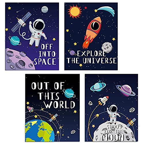 JAHEMU Bilder Kinderzimmer Astronaut Poster Kinderzimmer Weltall Wanddeko Planeten Babyzimmer Deko Kinderposter Rakete für Schlafzimmer, Wohnzimmer, Küche- (4 Stücke, Ohne Rahmen) von JAHEMU