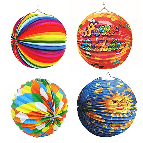 JAHEMU Laterne mit Bunten Motiven Papierlaterne Rund Papier Lampion Geburtstag Papier Pompons Dekoration für St. Martin, Weihnachten, Laternenumzug für Kinder 4 Stück von JAHEMU