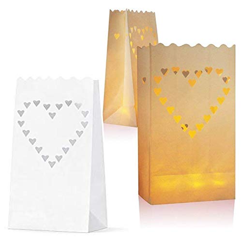 JAHEMU Lichttüten Papierlaternen Kerzentüten Kerze Taschen Weiß Candle Bags für Hochzeiten Geburtstage Weihnachten Dekorationen Liebesherzentwurf Design 20 Stück von JAHEMU