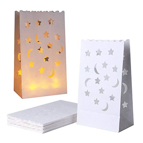 JAHEMU Lichttüten Papierlaternen Kerzentüten Kerze Taschen Weiß Candle Bags für Hochzeiten Geburtstage Weihnachten Dekorationen Mond und Sterne Design 20 Stück von JAHEMU