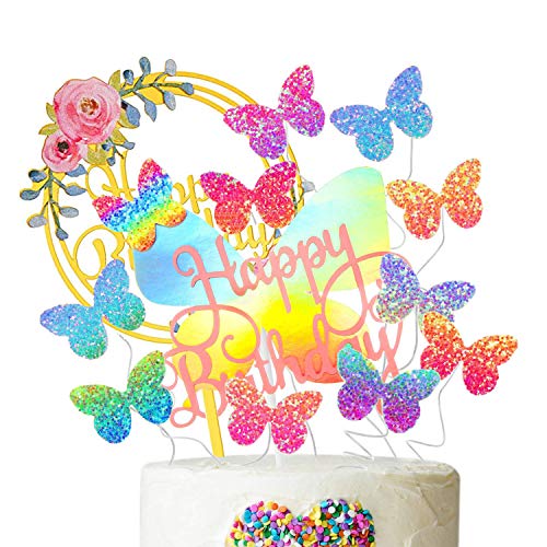 JAHEMU Kuchendekoration Schmetterling Happy Birthday Cake Topper Blumen Kuchen Topper Schmetterling Cupcake Topper für Geburtstag Hochzeit Baby Shower Kinder Party Dekoration, 12 Stück von JAHEMU