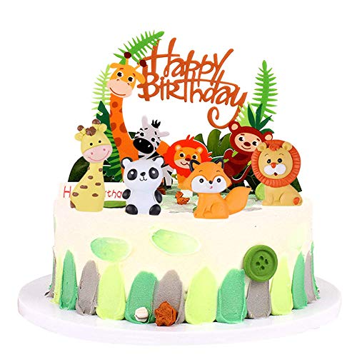 JAHEMU Tortendeko Happy Birthday Cake Topper Animal Geburtstag Kuchen Dekoration Tiere Cupcake Topper für Miniatur Garten, Micro Landschaft, Dschungel Party Deko, 5 Stück von JAHEMU