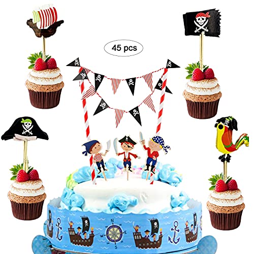 JAHEMU Piraten Kuchen Deko Hallowen Cupcake Topper Pirate Kuchengirlande Wimpelkette Cake Topper Geburtstag Tortendeko für Baby Shower, Kindergeburtstag Party, 45 Stücke von JAHEMU