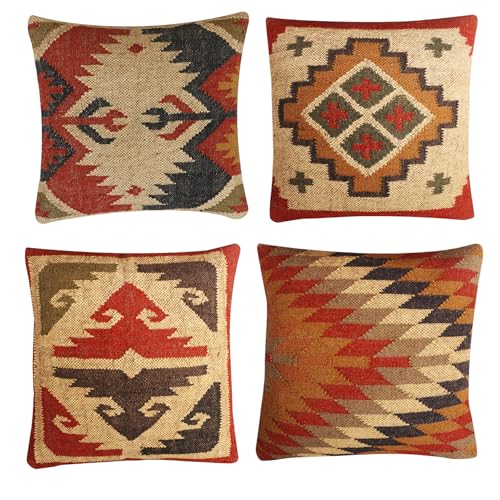 Set mit 4 Kissenbezügen aus Wolle, Jute, Vintage-Kelim-Kissenbezüge, Heimdekoration, handgewebt, türkisches Kissen, dekorative Wurfkissenbezüge, 45,7 x 45,7 cm (Mehrfarbig 13) von JAIPURI KILIM RUGS