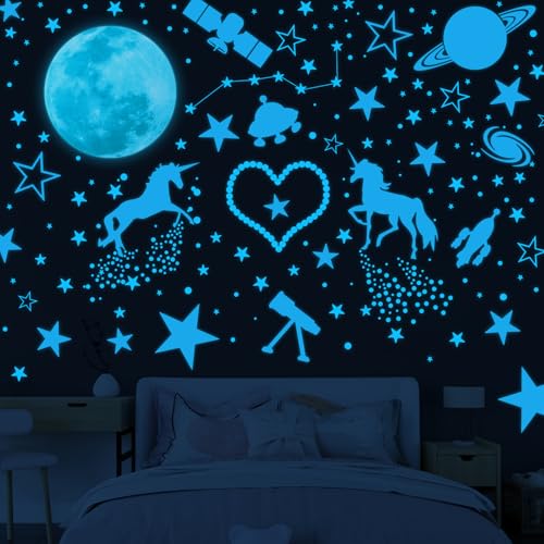 899 Stück Leuchtsterne Kinderzimmer Sterne Fluoreszierend Wandaufkleber, Leuchtsterne Selbstklebend Mond und Sterne Wandsticker, Leuchtsticker für Kinder Kindergarten Schlafzimmer Wohnzimmer von JAMATA