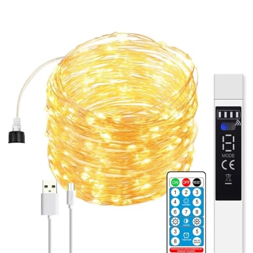 JANDEI - Micro-LED-Girlande Warmes Licht, 20 Meter, 200 Leds, Lichterkette mit Fernbedienung, Timer, über USB wiederaufladbar (1800-mA-Akku). Innen- und Außendekoration für Partys, Weihnachten von JANDEI