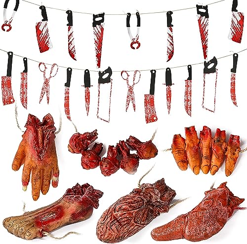 Halloween Bloody Horror Deko Indoor Outdoor Kinder Garten Banner Accessoires Gruselig Set Fensterbilder Spiele Mitgebsel Geschenke Haloween Zubehör Party Decorations Aussen Handgebrochene Körperteile von JAODFK