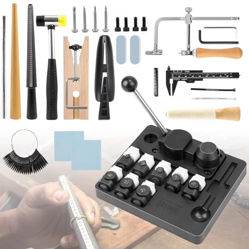 JAOGAUS Ringbiegewerkzeug für Schmuckherstellung, Ringherstellung, Ringbieger, Ring Biegemaschine mit 27-teiligem Set aus Nylon/Metall Matrizen, Ringmaß, Hammer & Polierwerkzeuge von JAOGAUS