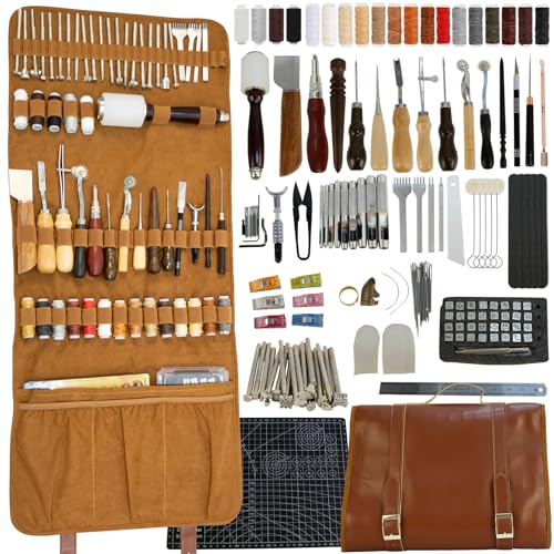 Leder-Werkzeugset mit Lederhandtasche, Leder-Nähset, Mit Individueller Aufbewahrungstasche zum Schneiden, Stanzen, Schnitzen, Nähstanze, Gewachstem Faden zum Lederstanzen, Lederschnitzwerkzeuge Leder-Werkzeugset mit Lederhandtasche, Leder-Nähset, Mit Individueller Aufbewahrungstasche zum Schneiden, Stanzen, Schnitzen, Nähstanze, Gewachstem Faden zum Lederstanzen, Lederschnitzwerkzeuge von JAOGAUS