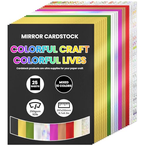 A4 Mixed Color Mirror Cardstock Paper,25 Blatt 10 Colors 250gsm/92Ib Metallic Reflektierendes Papier für Handwerk DIY Projekte Kartenherstellung von JAOMON