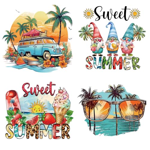 4 Packungen Sommer Bügelbilder für Kleidung, süße Sommer-Wärmetransfer-Vinyl-Aufkleber, hawaiianischer Strand, Kokosnussbaum, Sonnenbrille, Design, DTF-Transfer, bereit zum Drücken, Applikationen für 4 Packungen Sommer Bügelbilder für Kleidung, süße Sommer-Wärmetransfer-Vinyl-Aufkleber, hawaiianischer Strand, Kokosnussbaum, Sonnenbrille, Design, DTF-Transfer, bereit zum Drücken, Applikationen für von JATOMSSM