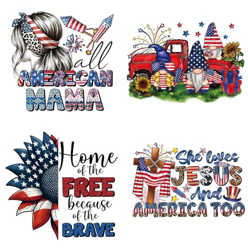 4. Juli Bügelbilder – 4 Bögen patriotische DTF Ready to Press für T-Shirts, USA, Hitzepatches, Aufkleber, amerikanisches Mädchen, Jesus, Vinyl-Aufkleber für Kleidung, Hoodies, Applikationen von JATOMSSM
