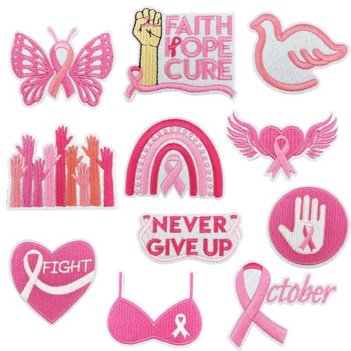 Aufnäher zum Aufbügeln auf Brustkrebs-Bewusstsein – 11 Stück rosa Schleife bestickte Applikationen Patches rosa Schmetterling Engel Herz Hoffnung Band Thema Nähen auf Reparaturflicken für Kleidung von JATOMSSM