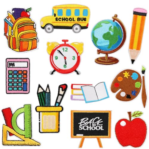 Aufnäher zum Aufbügeln für Schulanfang, niedlich, bestickt, bunt, ABC, Bleistift, Schule, Bus, Lineal, Wecker, Reparaturflicken für Studenten, Lehrer, Kleidung, Basteln, 12 Stück von JATOMSSM